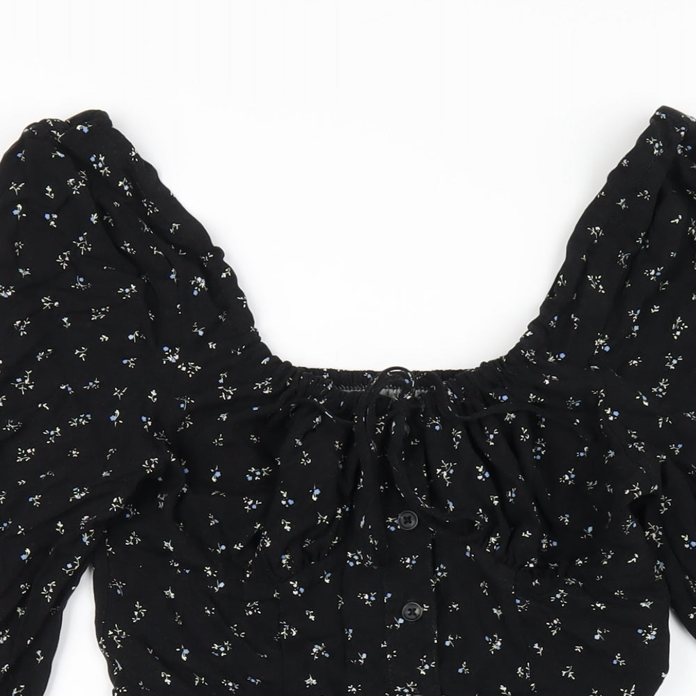 Urban Outfitters Womens Black Floral Viscose A-Line Size XS Square Neck Button