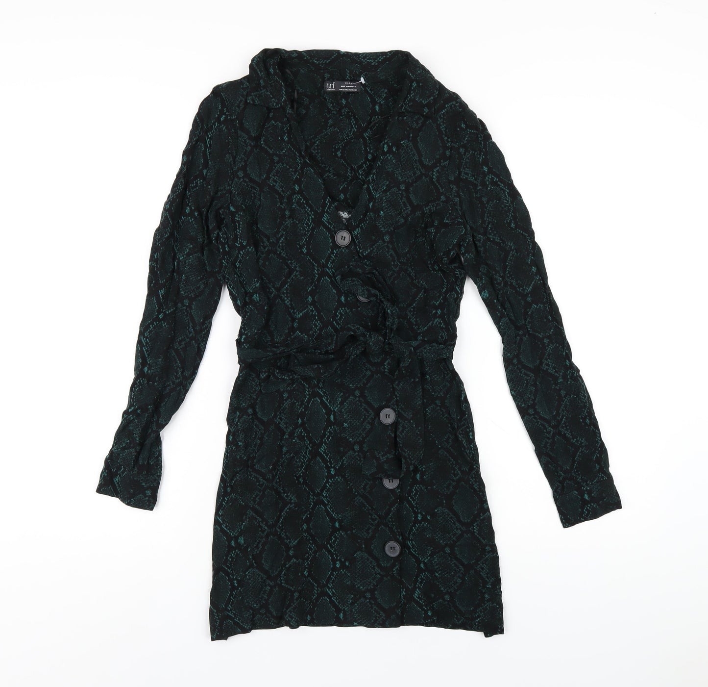 Zara Womens Green Animal Print Viscose Shirt Dress Size XS Collared Button - Snake Print