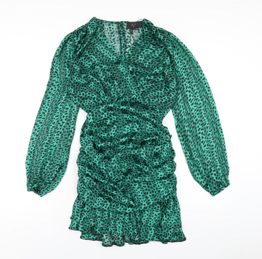 AX Paris Womens Green Geometric Polyester Mini Size 8 V-Neck Zip