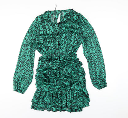 AX Paris Womens Green Geometric Polyester Mini Size 8 V-Neck Zip