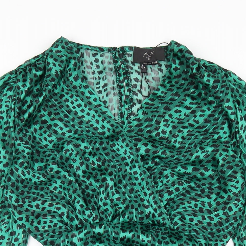 AX Paris Womens Green Geometric Polyester Mini Size 8 V-Neck Zip