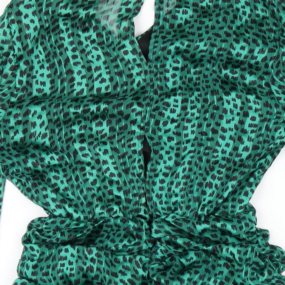 AX Paris Womens Green Geometric Polyester Mini Size 8 V-Neck Zip