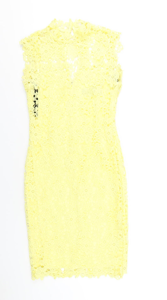 Paper Doll Productions Womens Yellow Polyester Bodycon Size 8 Mock Neck Zip