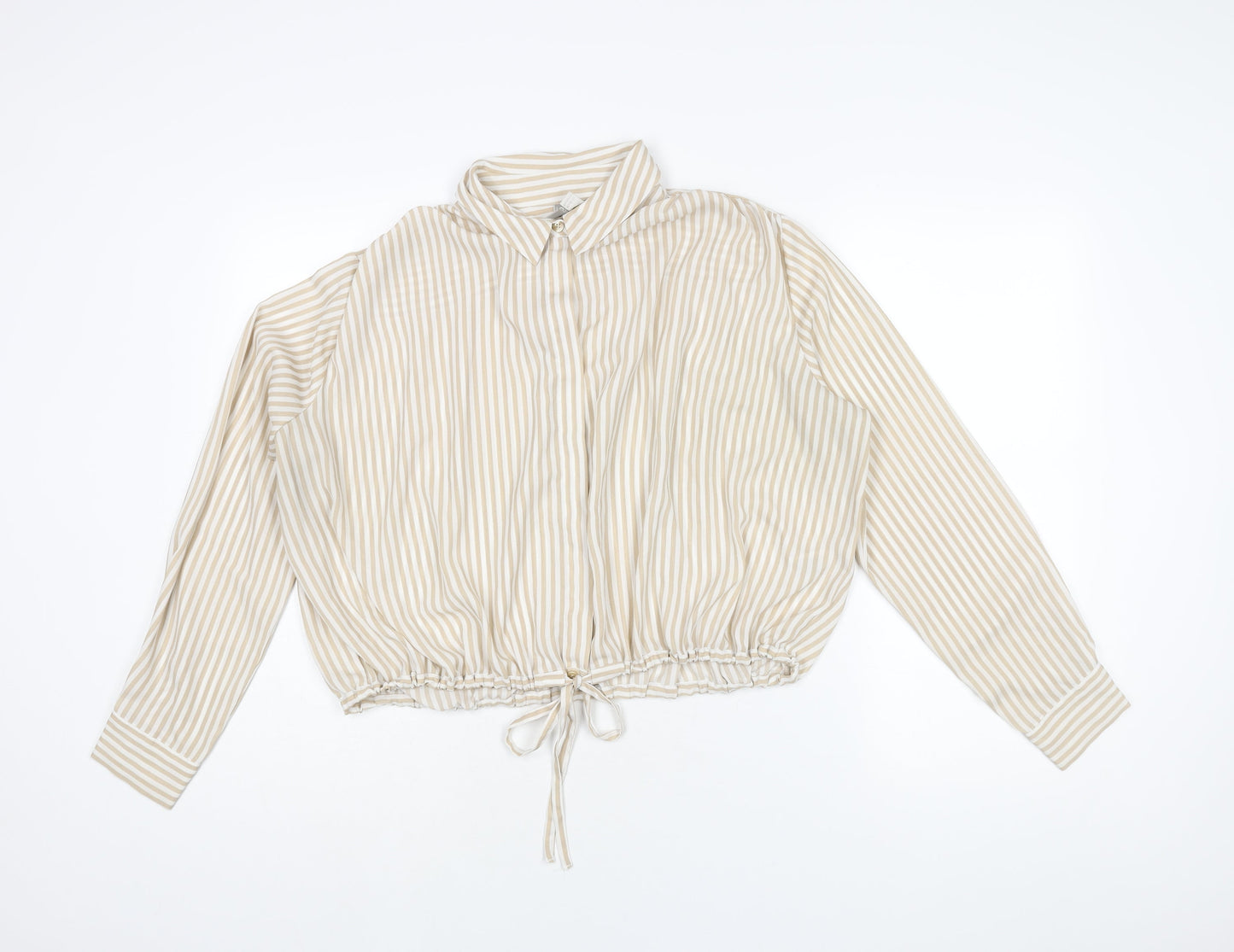 ASOS Womens Beige Striped Polyester Basic Button-Up Size 14 V-Neck - Drawstring Hem