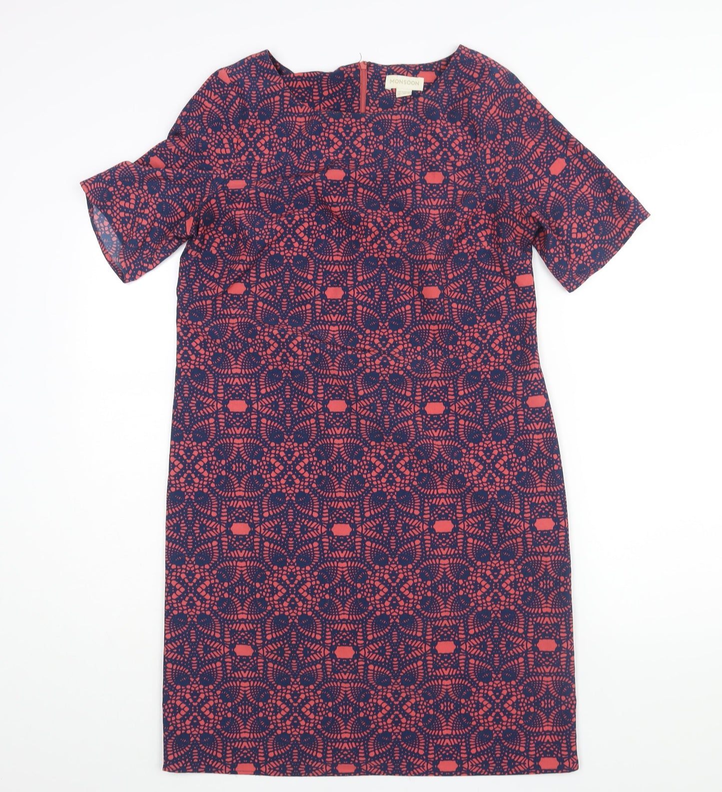 Monsoon Womens Multicoloured Geometric Polyester Shift Size 10 Round Neck Zip