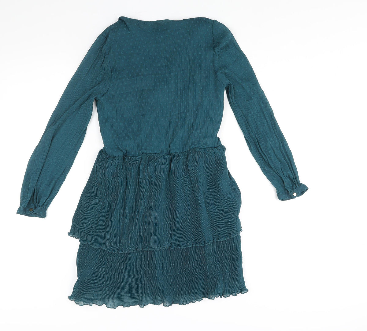 Zara Womens Blue Polyester Shift Size L V-Neck Snap - Frill