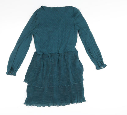 Zara Womens Blue Polyester Shift Size L V-Neck Snap - Frill