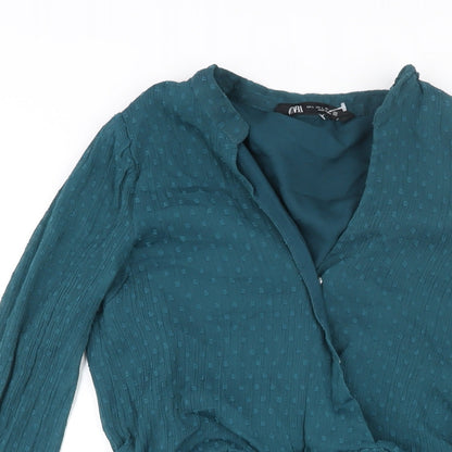 Zara Womens Blue Polyester Shift Size L V-Neck Snap - Frill