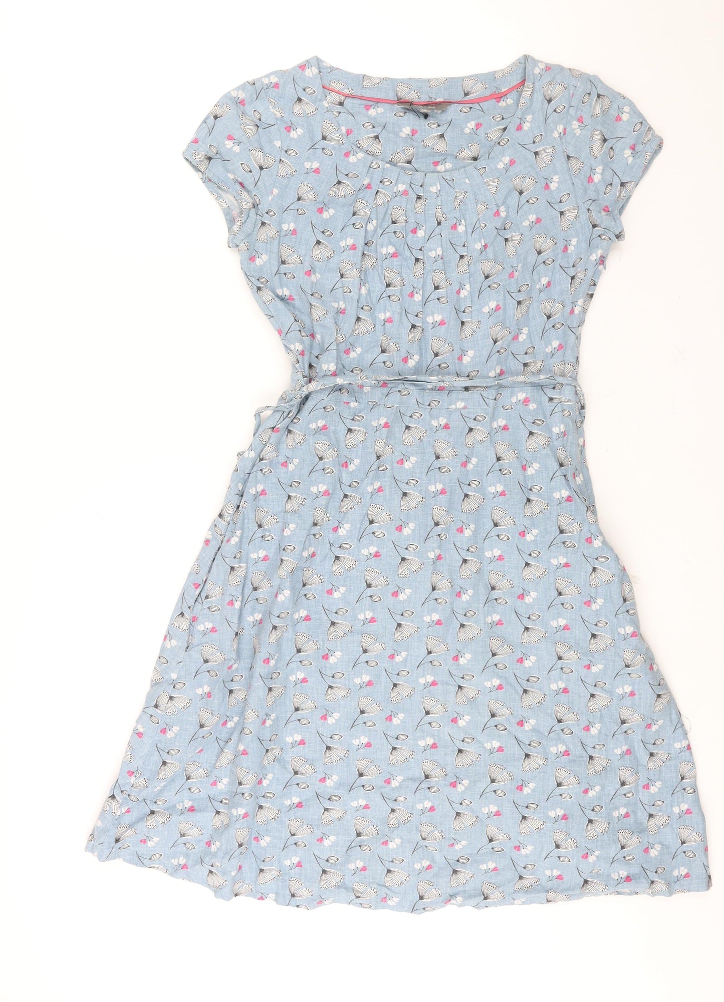 Lily & Me Womens Blue Geometric Linen A-Line Size 8 Round Neck Zip - Belted Floral Print