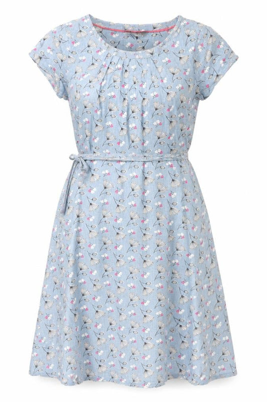 Lily & Me Womens Blue Geometric Linen A-Line Size 8 Round Neck Zip - Belted Floral Print