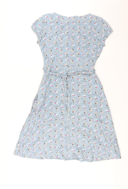 Lily & Me Womens Blue Geometric Linen A-Line Size 8 Round Neck Zip - Belted Floral Print