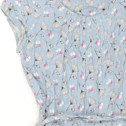 Lily & Me Womens Blue Geometric Linen A-Line Size 8 Round Neck Zip - Belted Floral Print