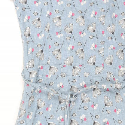 Lily & Me Womens Blue Geometric Linen A-Line Size 8 Round Neck Zip - Belted Floral Print