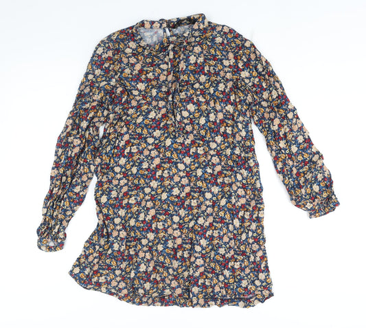 Zara Womens Multicoloured Floral Polyester Mini Size M Round Neck Button - Tie Detail