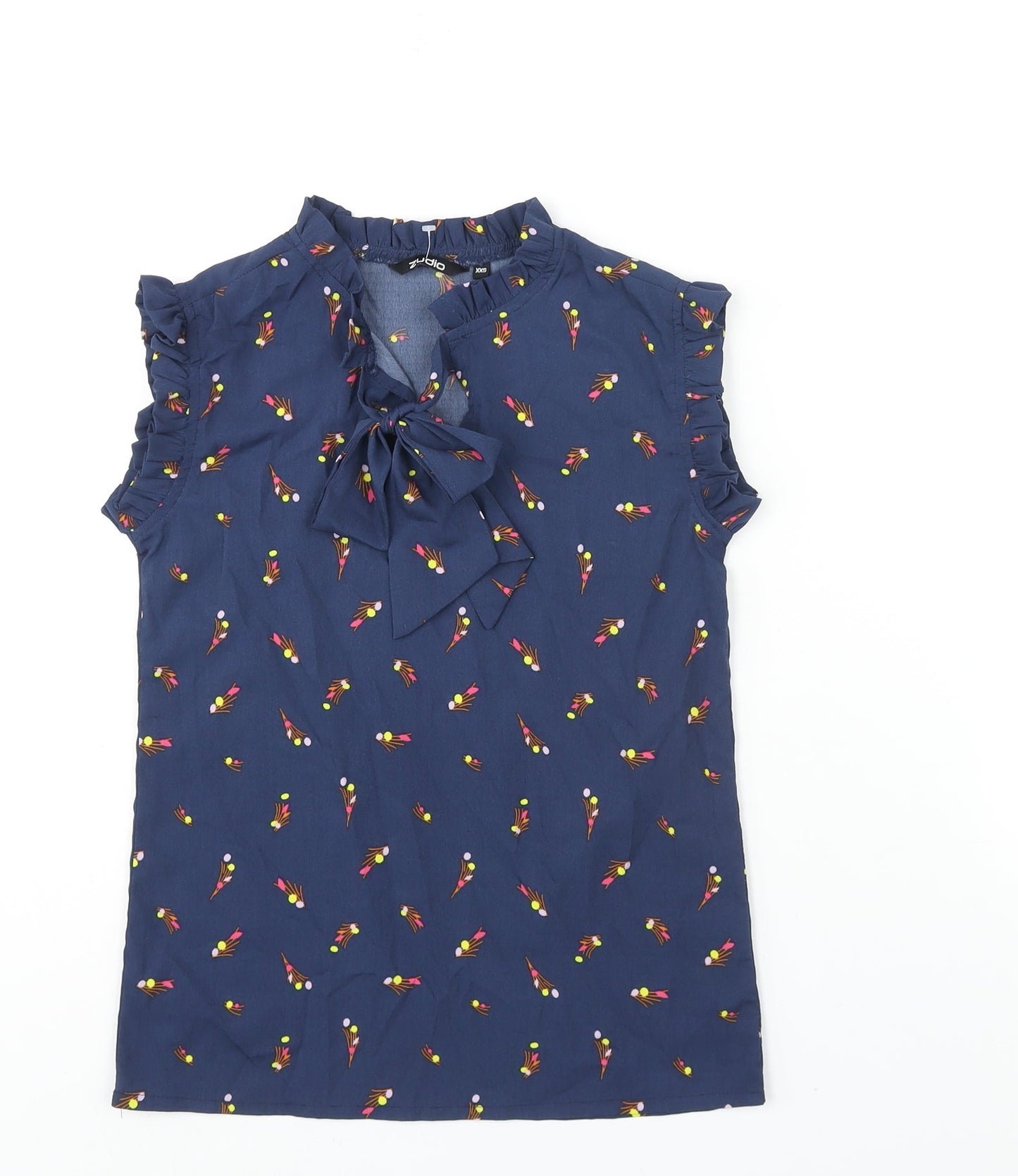 Zudio Womens Blue Geometric Polyester Basic Blouse Size 2XS Mock Neck - Bow Frill