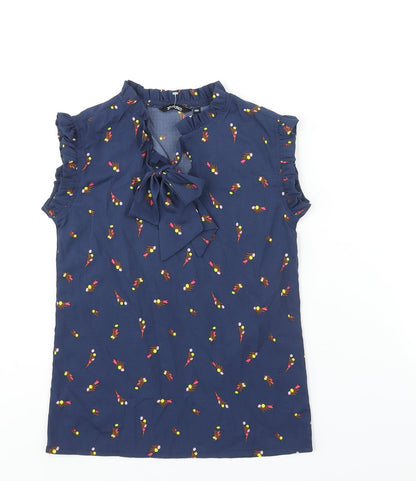 Zudio Womens Blue Geometric Polyester Basic Blouse Size 2XS Mock Neck - Bow Frill