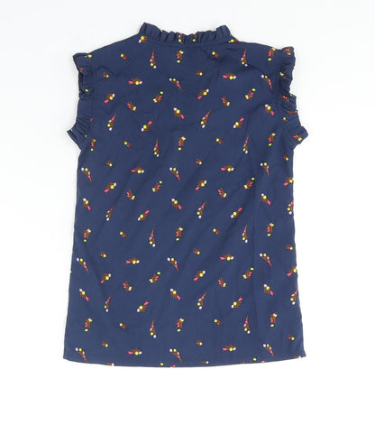 Zudio Womens Blue Geometric Polyester Basic Blouse Size 2XS Mock Neck - Bow Frill