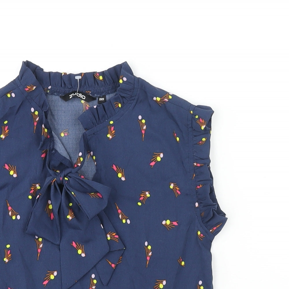 Zudio Womens Blue Geometric Polyester Basic Blouse Size 2XS Mock Neck - Bow Frill