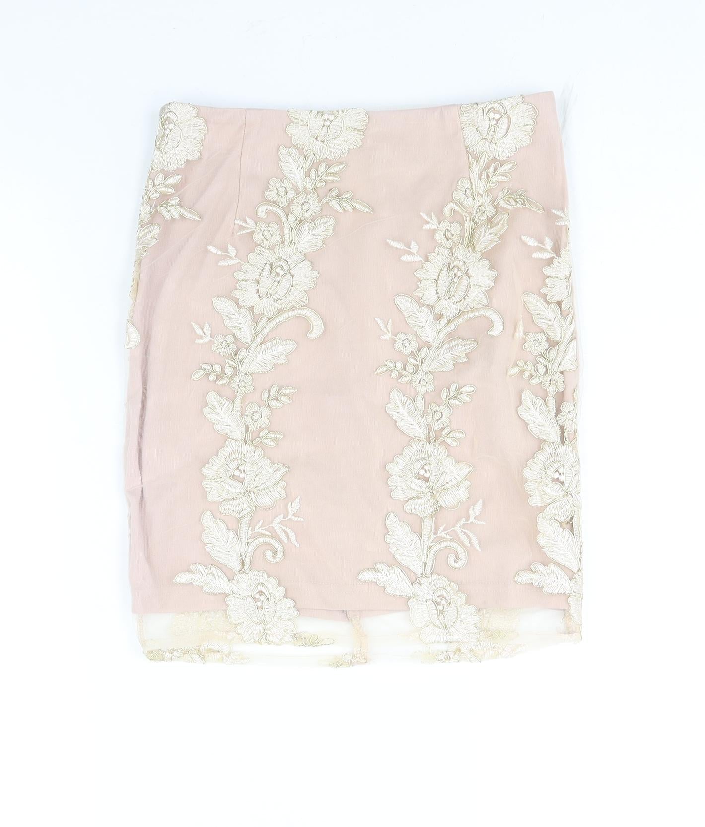 Love & Other Things Womens Pink Floral Polyester Bandage Skirt Size 8 Zip - Embroidered