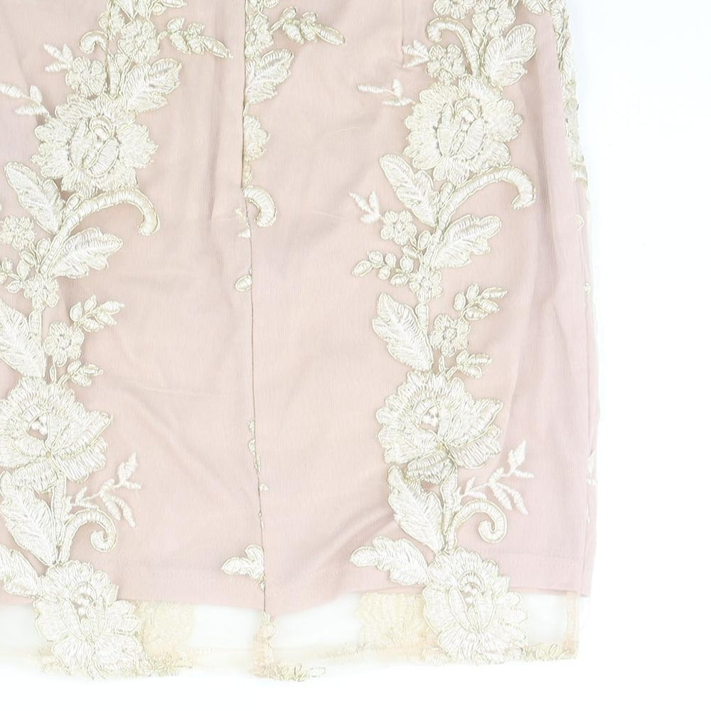 Love & Other Things Womens Pink Floral Polyester Bandage Skirt Size 8 Zip - Embroidered