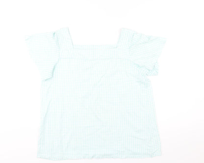 Lands' End Womens Green Check Cotton Basic Blouse Size M Square Neck