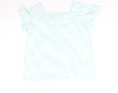 Lands' End Womens Green Check Cotton Basic Blouse Size M Square Neck