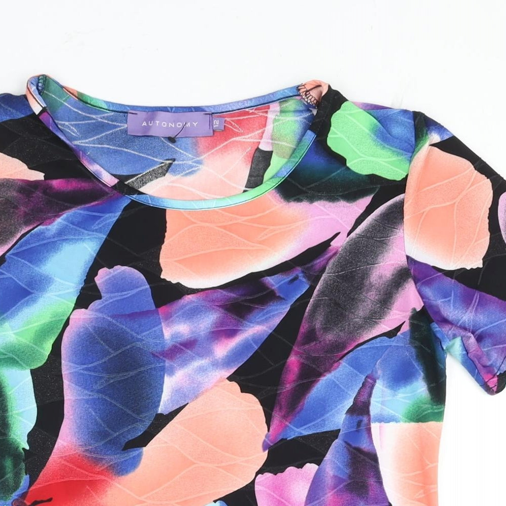 Autonomy Womens Multicoloured Geometric Polyester Basic T-Shirt Size 12 Round Neck