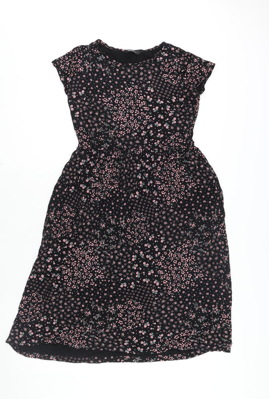 Roman Womens Black Floral Viscose A-Line Size 12 Round Neck Pullover