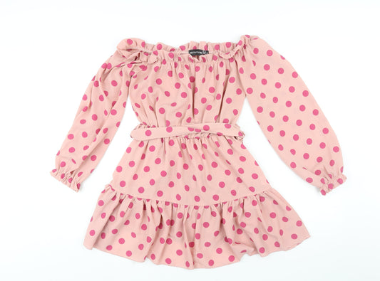 PRETTYLITTLETHING Womens Pink Polka Dot Polyester A-Line Size 12 Off the Shoulder Pullover - Frill Belted