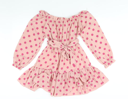 PRETTYLITTLETHING Womens Pink Polka Dot Polyester A-Line Size 12 Off the Shoulder Pullover - Frill Belted