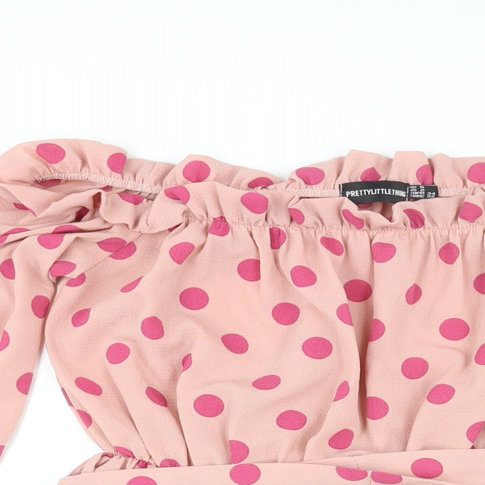 PRETTYLITTLETHING Womens Pink Polka Dot Polyester A-Line Size 12 Off the Shoulder Pullover - Frill Belted
