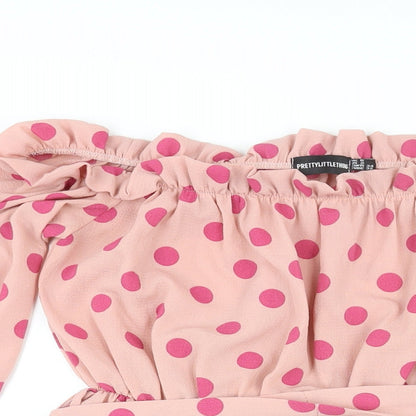 PRETTYLITTLETHING Womens Pink Polka Dot Polyester A-Line Size 12 Off the Shoulder Pullover - Frill Belted