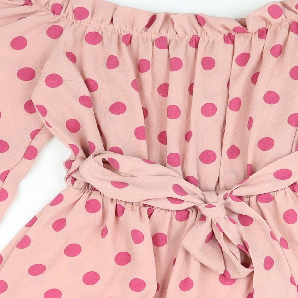 PRETTYLITTLETHING Womens Pink Polka Dot Polyester A-Line Size 12 Off the Shoulder Pullover - Frill Belted