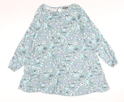 Studio Womens Blue Floral Viscose A-Line Size 16 Round Neck Button - Size 16-18