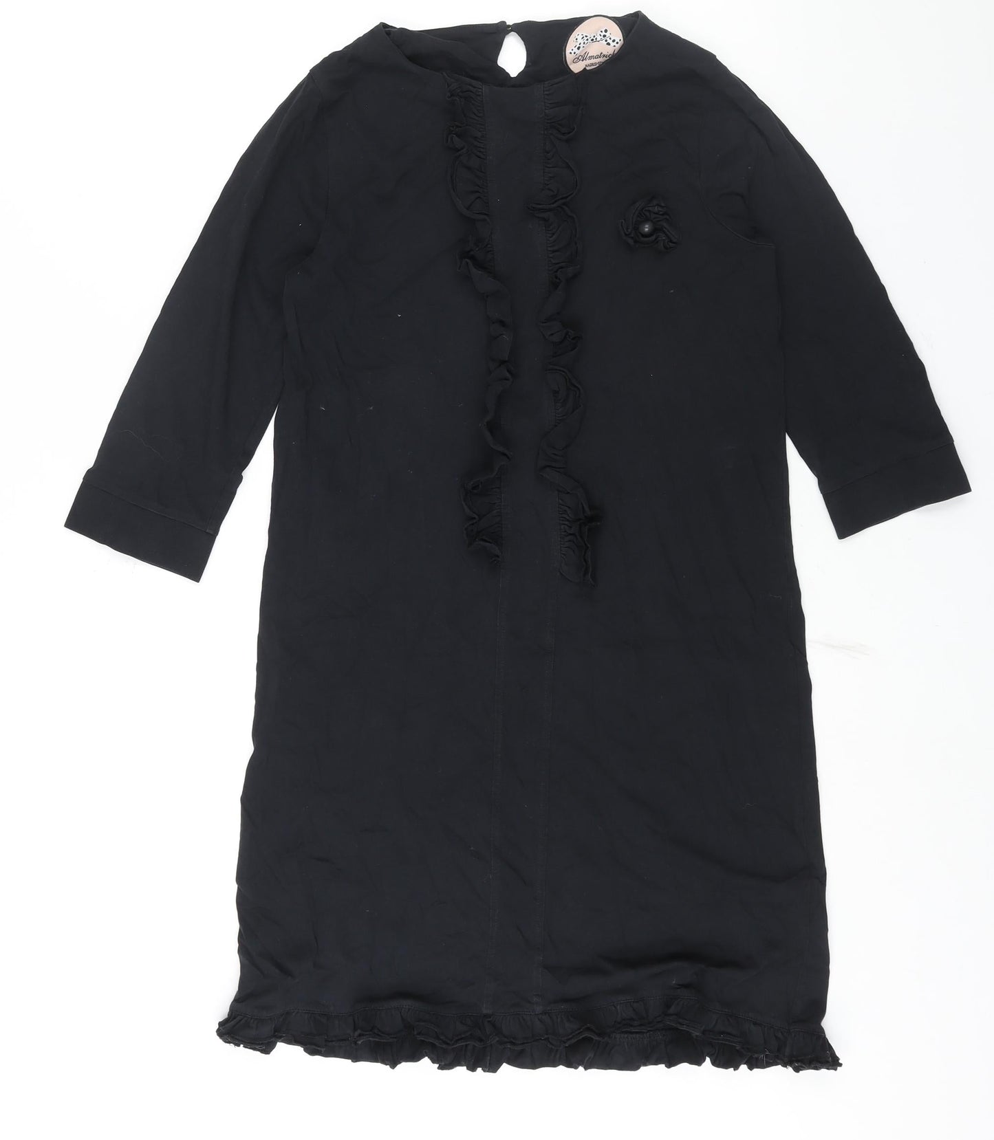 Almatrichi Womens Black Polyester Shift Size M Round Neck Button - Frill Floral Broach