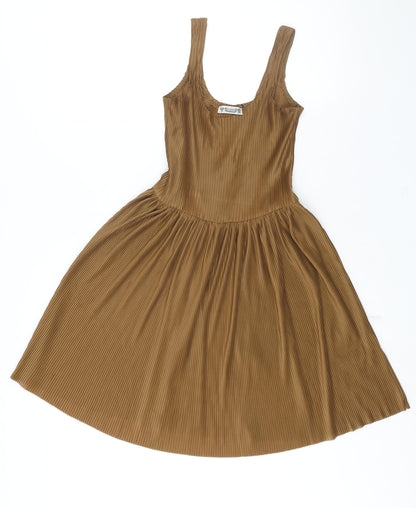 Pull&Bear Womens Brown Polyester Fit & Flare Size S Scoop Neck Pullover - Pleated