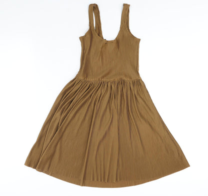 Pull&Bear Womens Brown Polyester Fit & Flare Size S Scoop Neck Pullover - Pleated