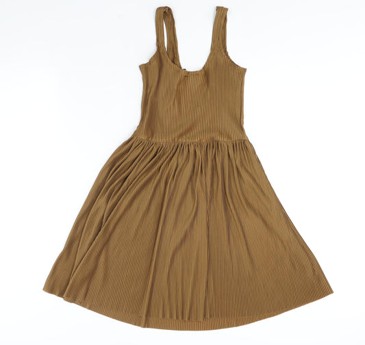 Pull&Bear Womens Brown Polyester Fit & Flare Size S Scoop Neck Pullover - Pleated