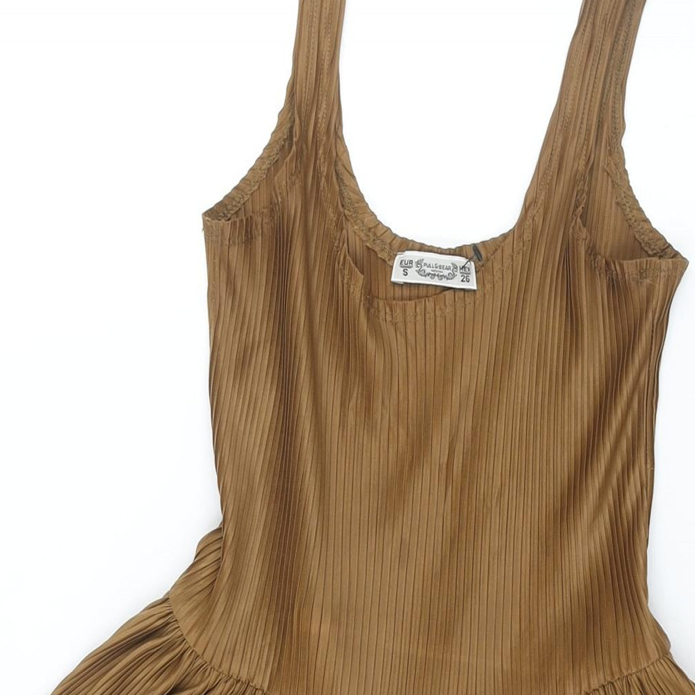 Pull&Bear Womens Brown Polyester Fit & Flare Size S Scoop Neck Pullover - Pleated