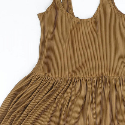 Pull&Bear Womens Brown Polyester Fit & Flare Size S Scoop Neck Pullover - Pleated