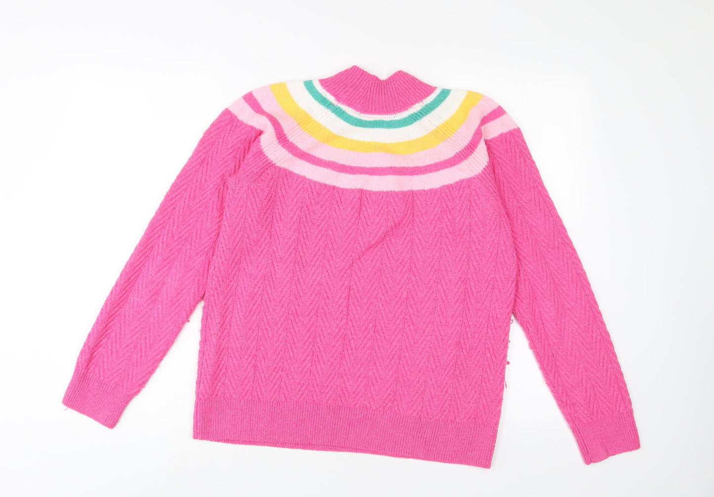 Crew Clothing Womens Pink High Neck Striped Acrylic Pullover Jumper Size 12 - Logo, Embroidered