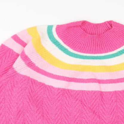 Crew Clothing Womens Pink High Neck Striped Acrylic Pullover Jumper Size 12 - Logo, Embroidered