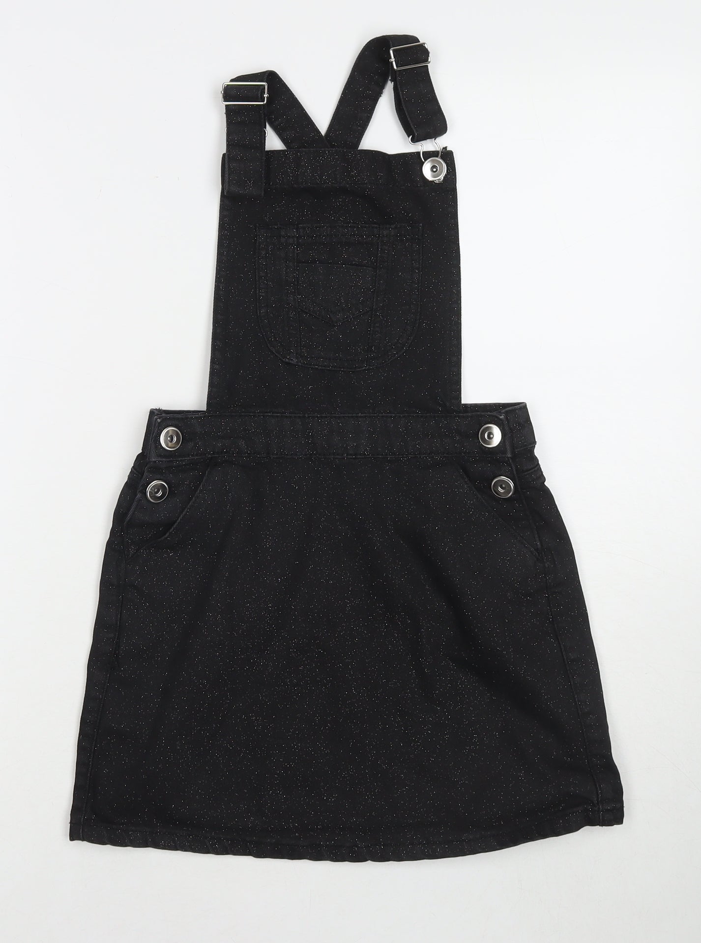 M&Co Girls Black Cotton Pinafore/Dungaree Dress Size 11 Years Square Neck Button - Glitter Detail