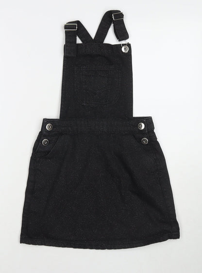M&Co Girls Black Cotton Pinafore/Dungaree Dress Size 11 Years Square Neck Button - Glitter Detail