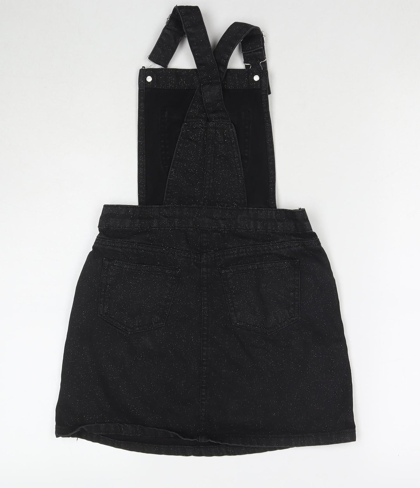M&Co Girls Black Cotton Pinafore/Dungaree Dress Size 11 Years Square Neck Button - Glitter Detail
