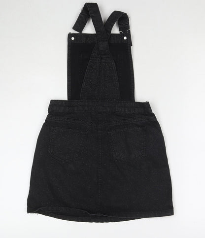 M&Co Girls Black Cotton Pinafore/Dungaree Dress Size 11 Years Square Neck Button - Glitter Detail
