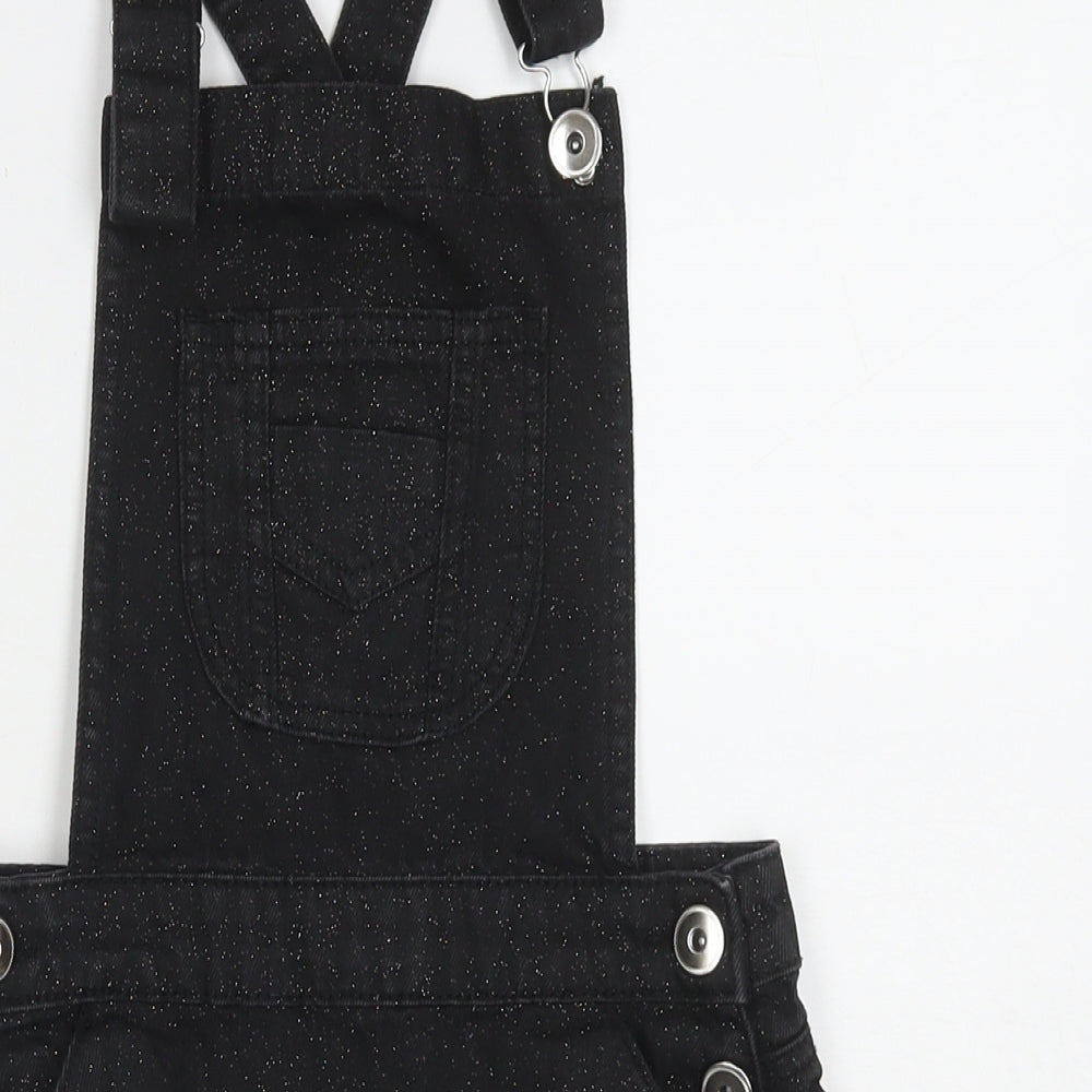 M&Co Girls Black Cotton Pinafore/Dungaree Dress Size 11 Years Square Neck Button - Glitter Detail