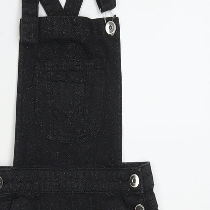M&Co Girls Black Cotton Pinafore/Dungaree Dress Size 11 Years Square Neck Button - Glitter Detail