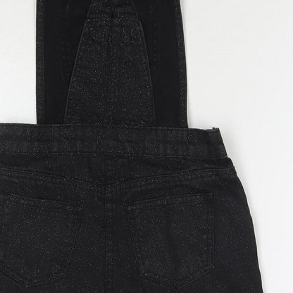 M&Co Girls Black Cotton Pinafore/Dungaree Dress Size 11 Years Square Neck Button - Glitter Detail