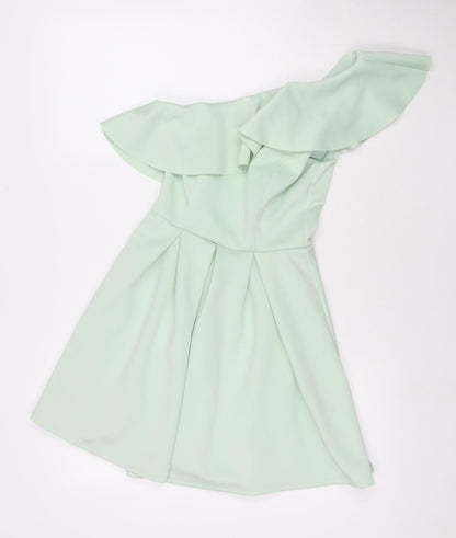 Miss Selfridge Womens Green Polyester Fit & Flare Size 8 One Shoulder Zip